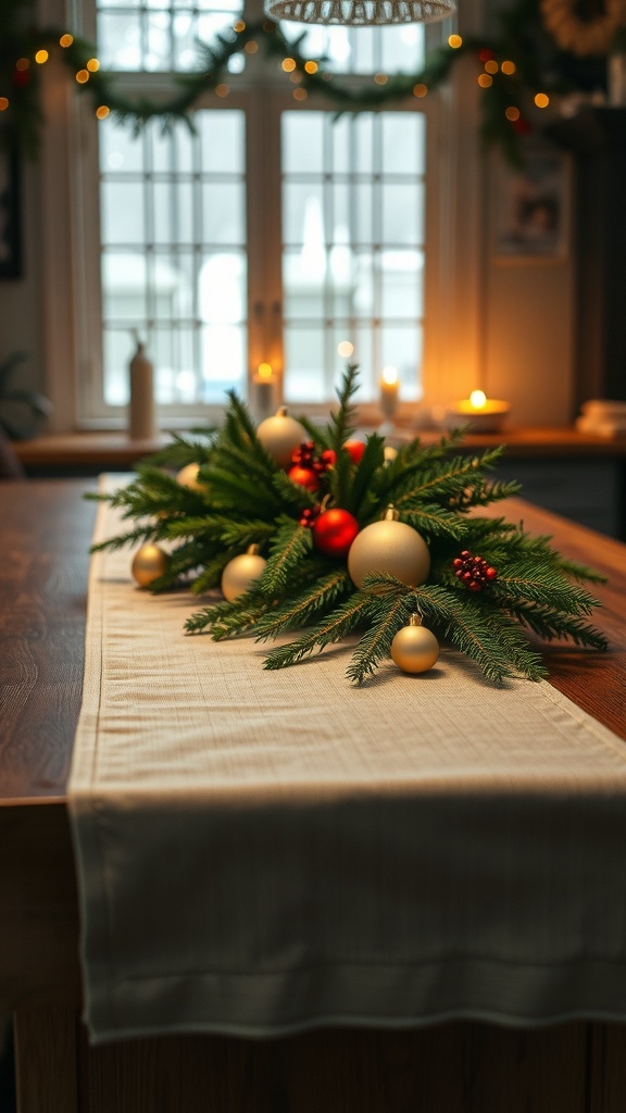 A Christmas table runner with 'Merry Christmas' design, decorated with greenery and ornaments.