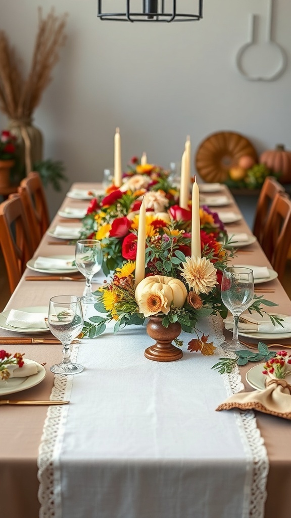 Thanksgiving table runner with seasonal flowers and candles.