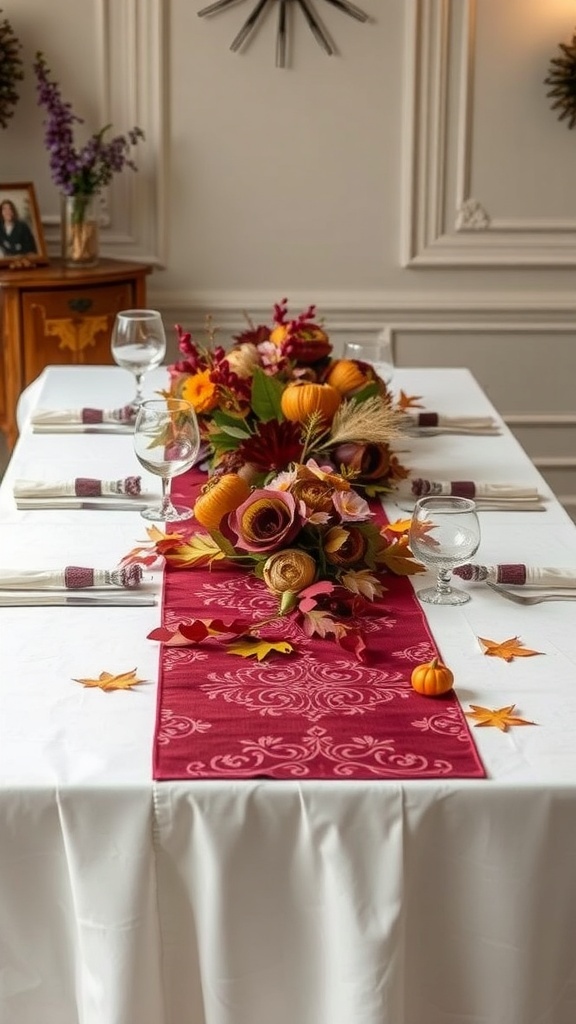 A beautifully set dining table with a burgundy table runner, floral centerpiece, and autumn decorations.