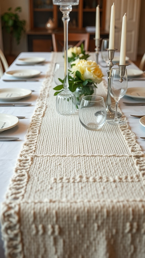 A beautifully set table featuring a textured knitted table runner, candles, and floral arrangements.