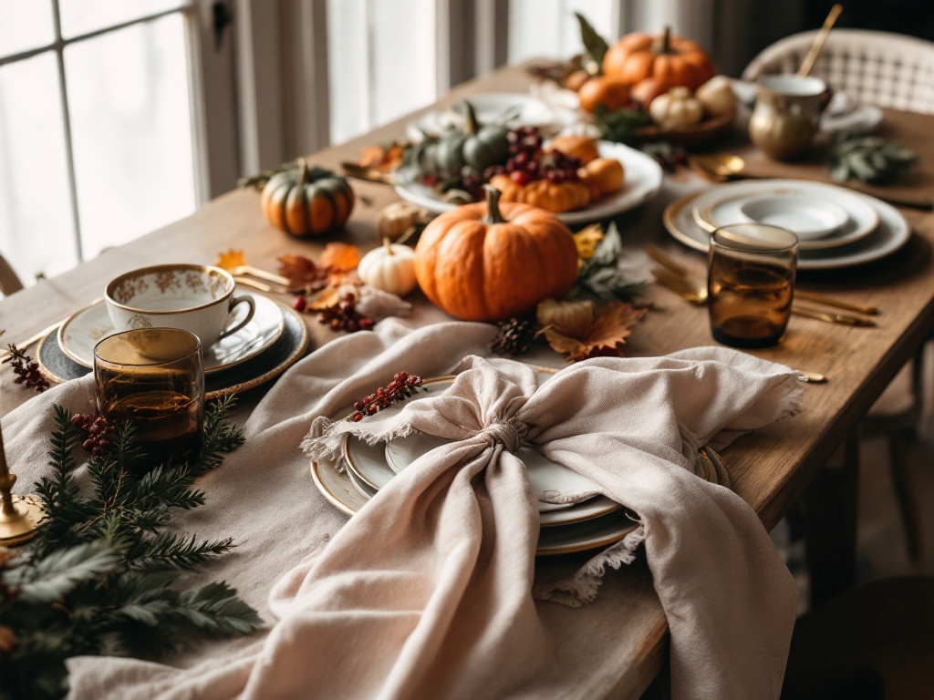 Thanksgiving table setting with gold accents, pumpkins, and autumn leaves