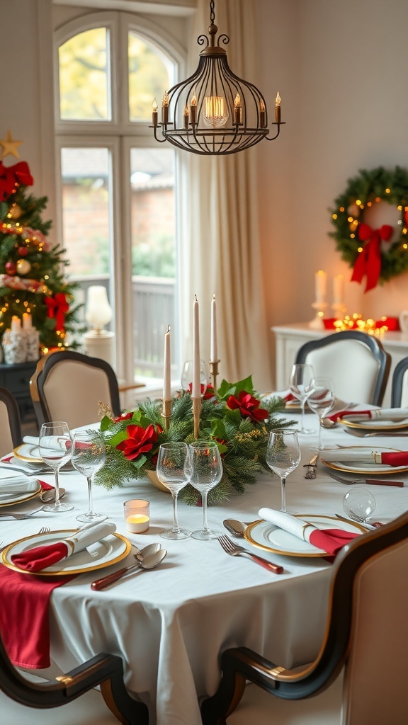 A beautifully set Christmas dinner table with a wreath centerpiece, candles, and festive decorations.