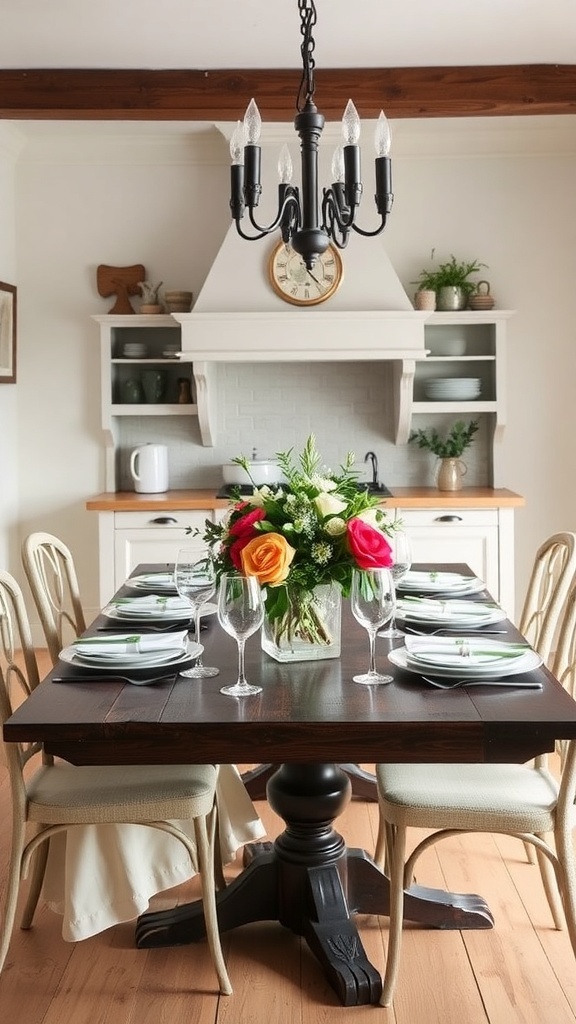 A beautifully set farmhouse kitchen table with flowers and elegant tableware.