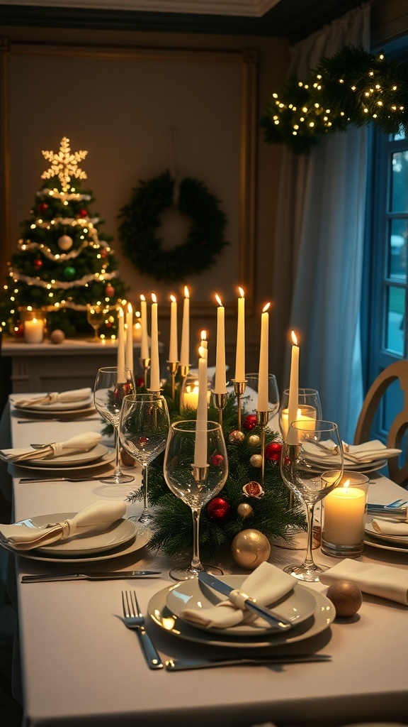 A beautifully set holiday dining table with candles, glassware, and festive decorations.