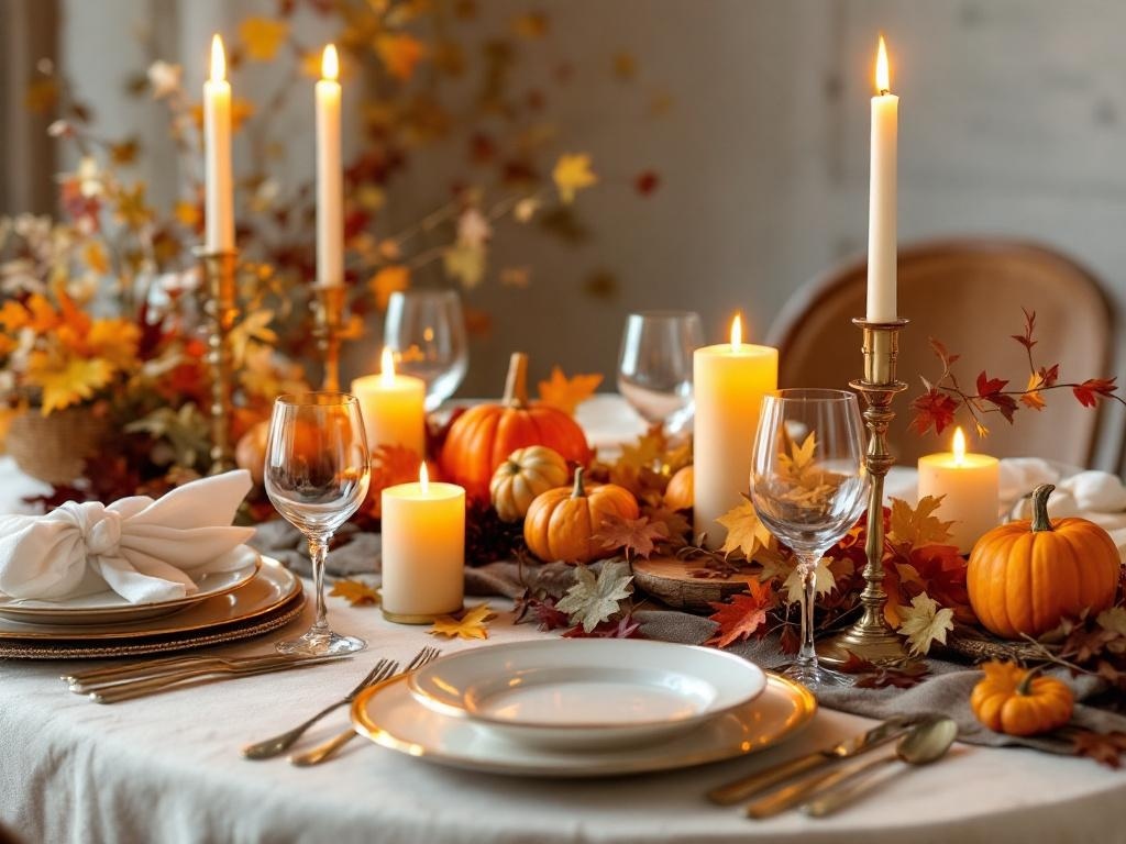 A beautifully set Thanksgiving table with pumpkins, candles, and autumn leaves.