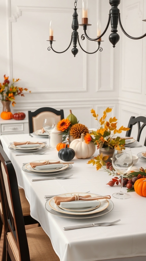 A beautifully set dining table for fall with pumpkins, sunflowers, and elegant tableware.