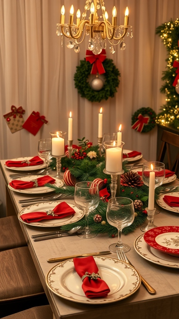 A beautifully set dining table for Christmas with red napkins, candles, and festive decorations.