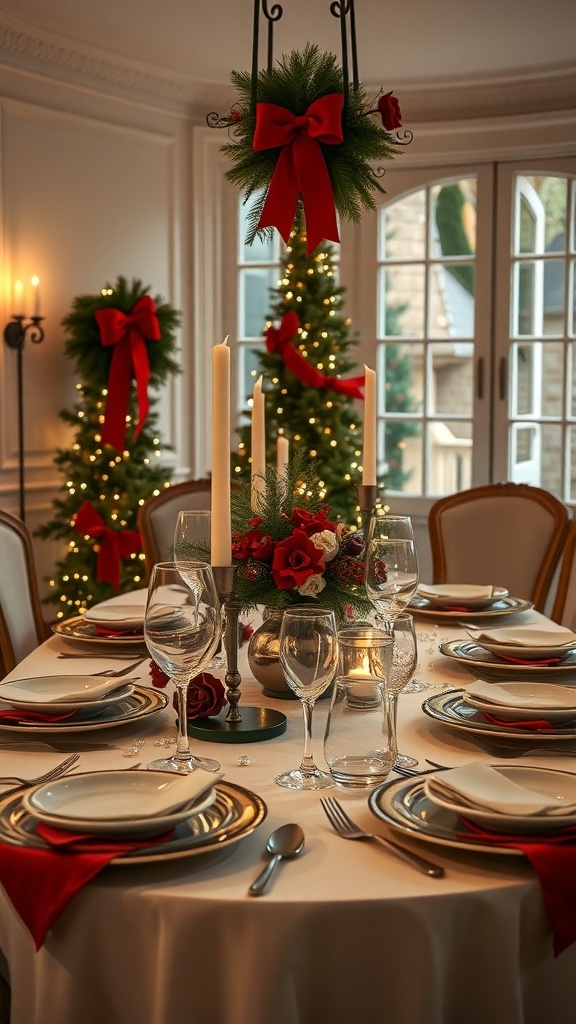 A beautifully set Christmas dining table with red and gold accents, candles, and festive decorations.