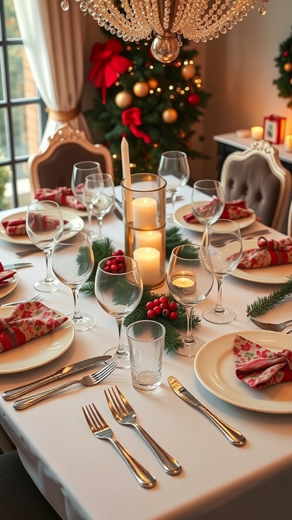 A beautifully set dining table for Christmas with festive decorations, plates, glasses, and candles.