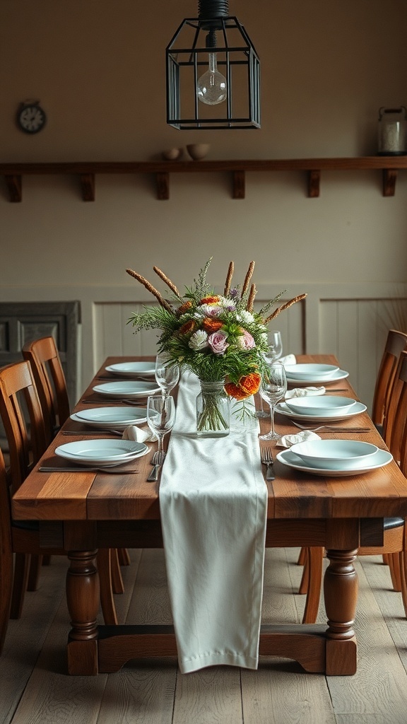 A rustic table setting with a wooden table, white table runner, and a floral centerpiece.