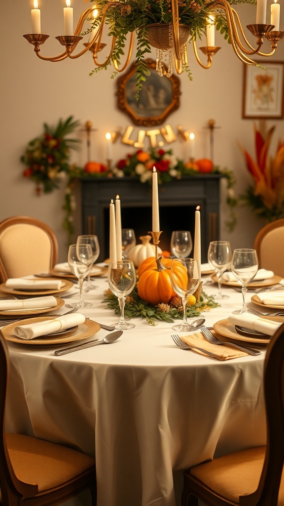 A beautifully arranged Thanksgiving table setting with gold accents, featuring candles, a pumpkin centerpiece, and elegant glassware.