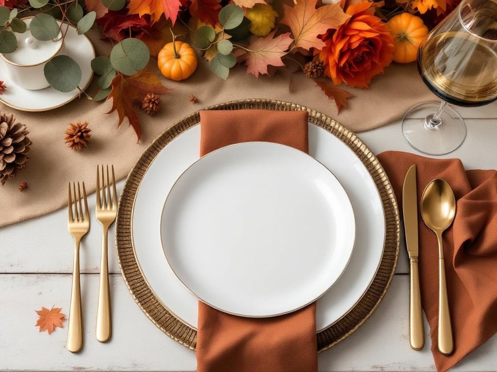 Thanksgiving table featuring gold flatware, white plates, and autumn-inspired decorations.