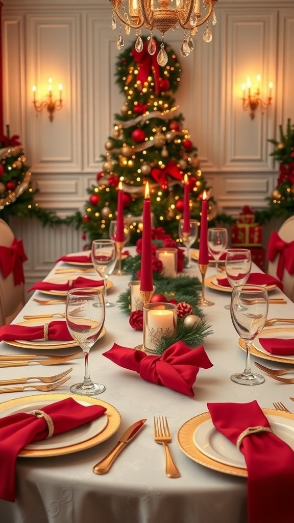 Christmas table setting with gold accents, red napkins, and festive decorations