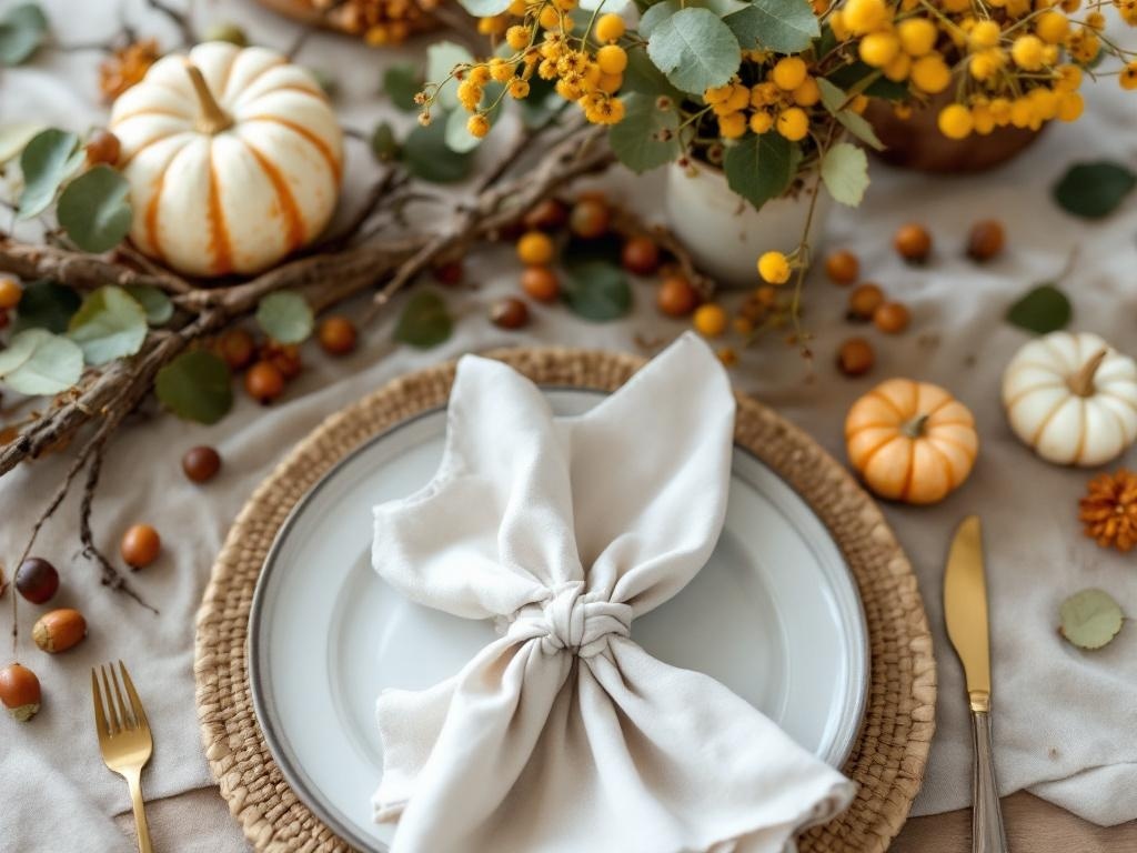 An elegant Thanksgiving table setting featuring pumpkins, flowers, and natural accents.