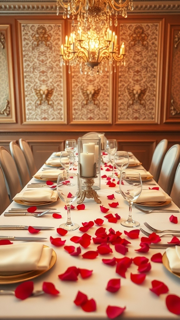 A beautifully set dining table with rose petals and candles.