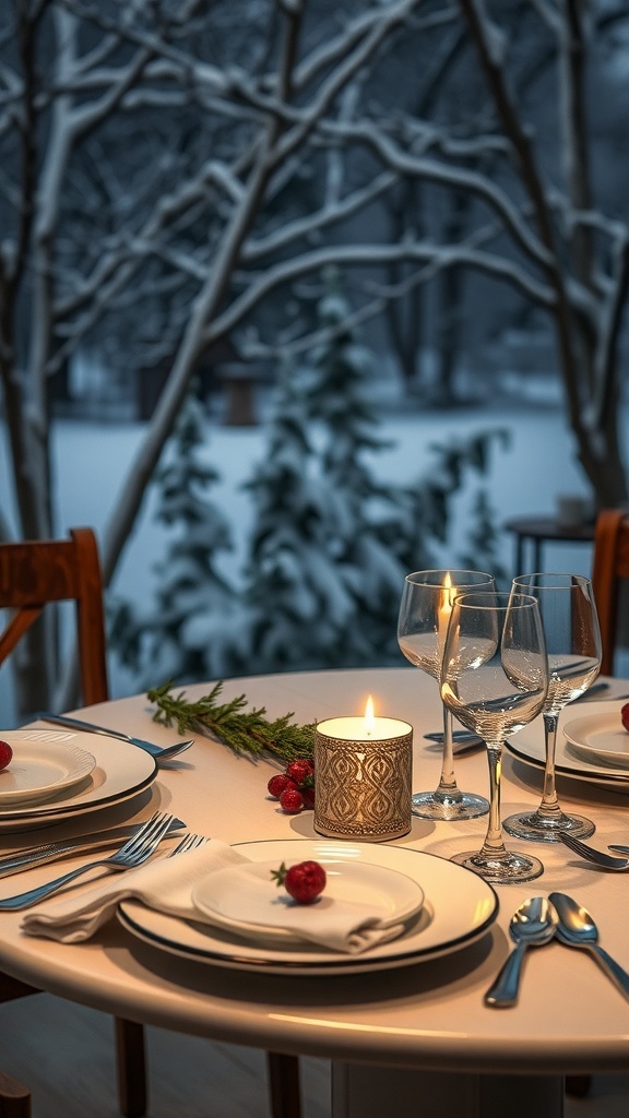 A beautifully set winter table with white plates, glassware, and a candle.