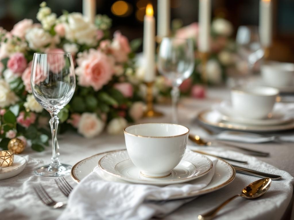 A beautifully set Thanksgiving table with white tableware, gold accents, a floral centerpiece, and candles.