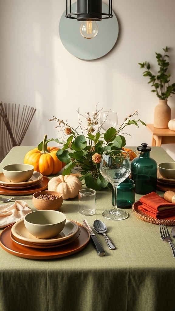 A modern Thanksgiving table set with earthy toned tableware, pumpkins, and greenery.