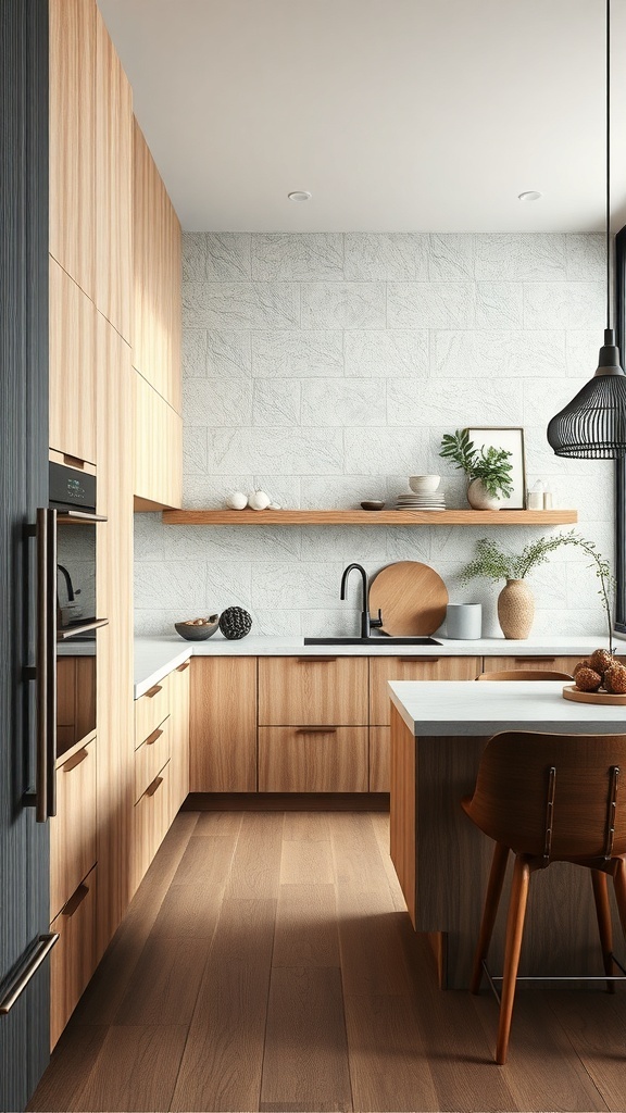 A minimalist kitchen featuring warm wood cabinetry, a stone wall, and stylish decor.