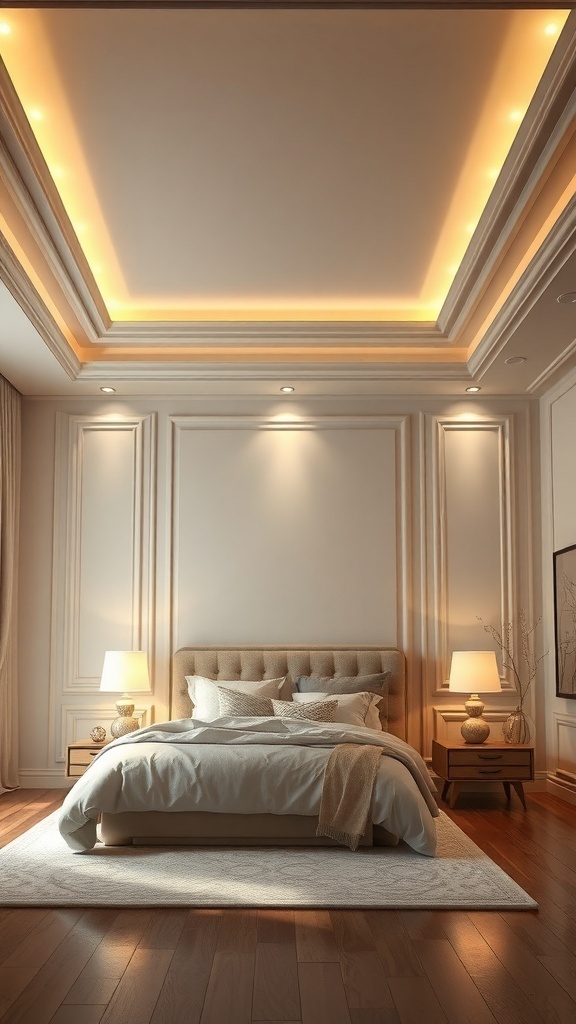 A bedroom featuring a tray ceiling with soft lighting, a plush bed, and warm wooden flooring.