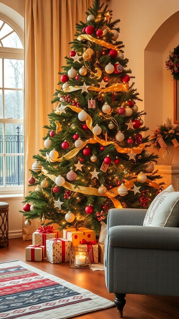 A beautifully decorated Christmas tree with red and gold ornaments, surrounded by wrapped gifts and a cozy seating area.