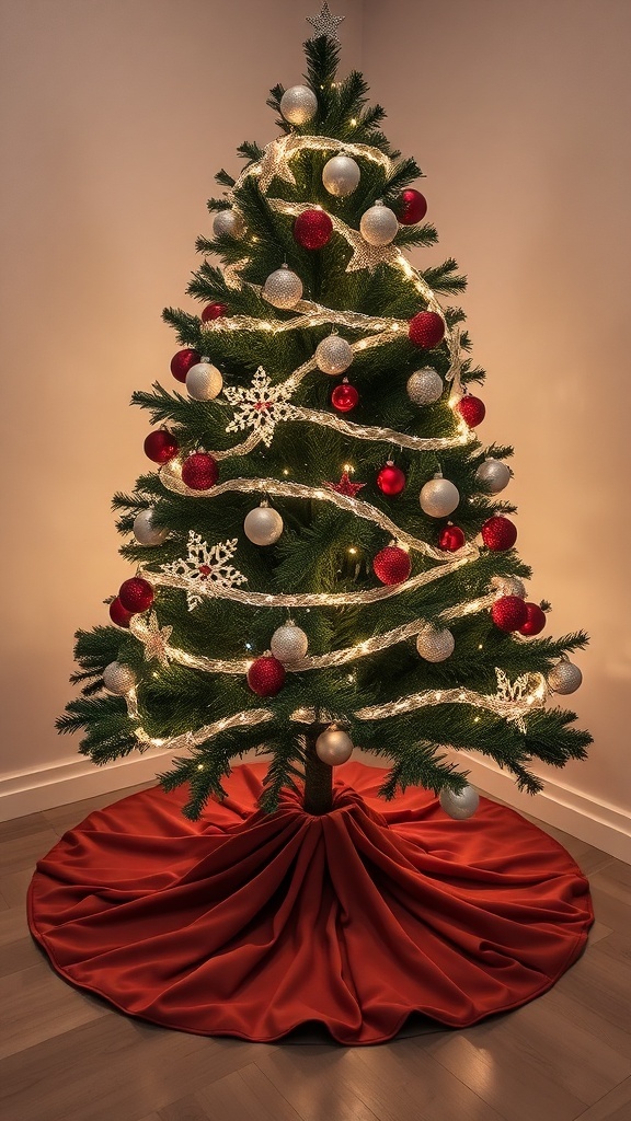 Christmas tree with red skirt and ornaments