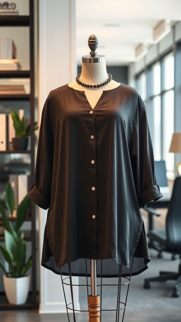 A black tunic displayed on a mannequin in a modern office setting.