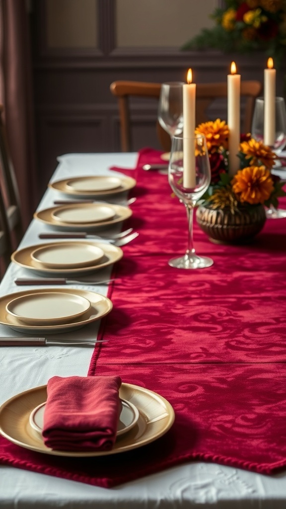 A beautifully set dining table with a red velvet table runner, elegant plates, and candles.
