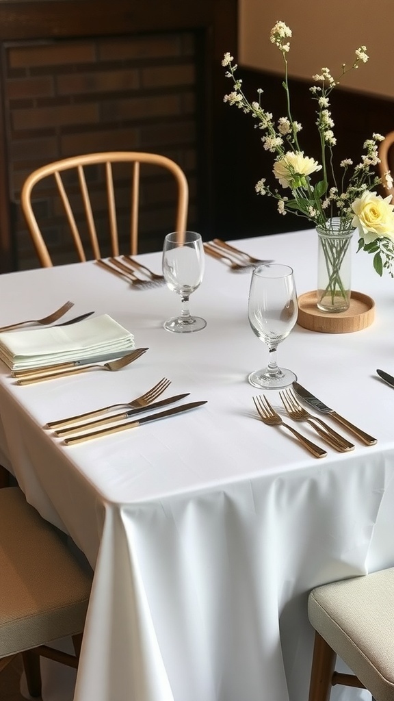 A Thanksgiving table set with a white tablecloth, gold utensils, and a floral centerpiece.