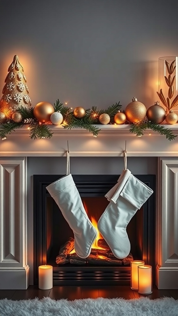 A beautifully decorated fireplace mantel with white stockings, gold ornaments, and a glowing fire.