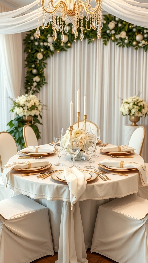 A beautifully set Christmas table with white and gold decorations.