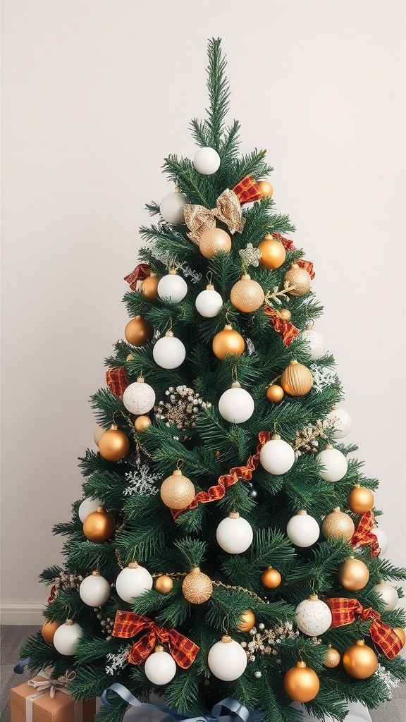 A Christmas tree decorated with white and gold ornaments, featuring ribbons and small gifts at the base.