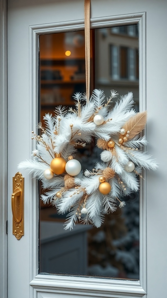 A white and gold winter wreath hanging on a door.