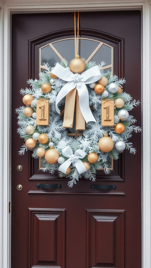 A white and gold Christmas wreath with ornaments and a large bow, hanging on a dark wooden door.