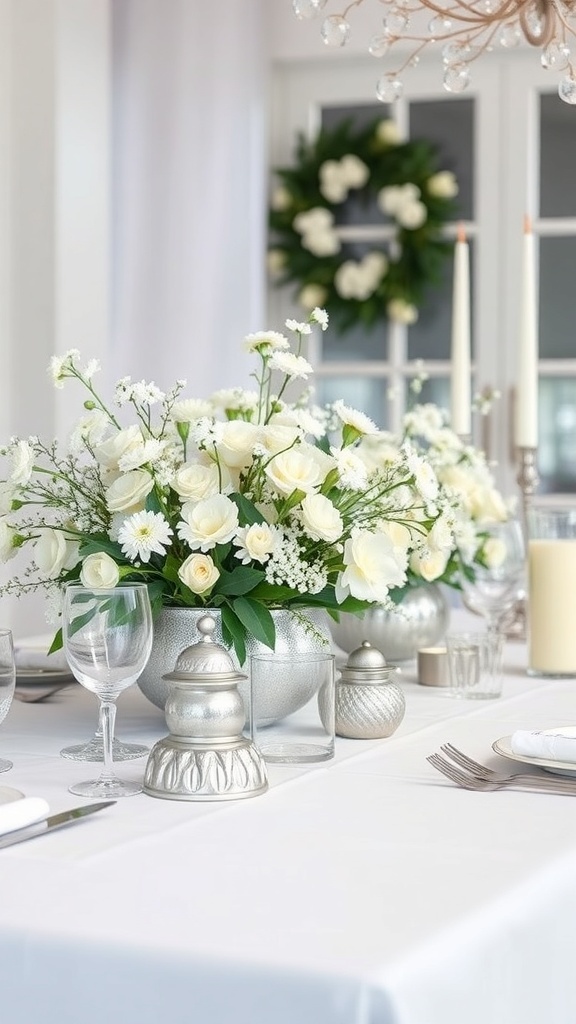 A winter tablescape featuring white flowers in silver vases, elegant candle holders, and a clean white tablecloth.