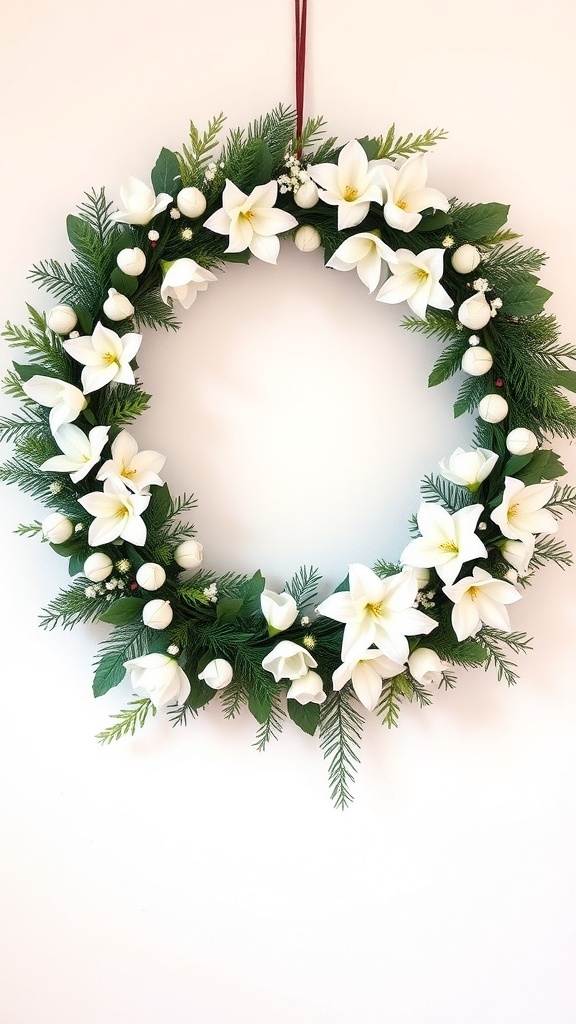 A winter wreath with white flowers and greenery.