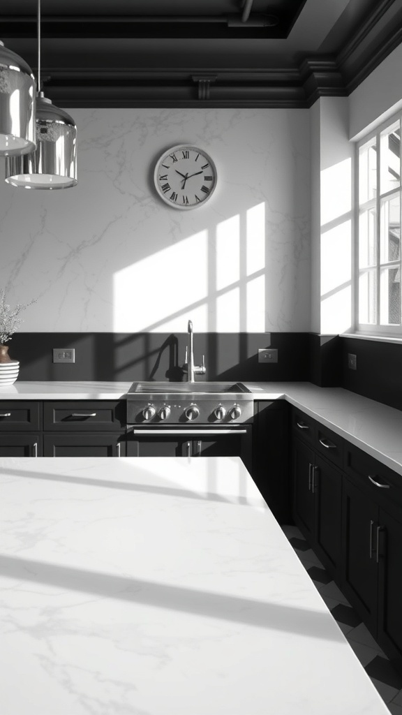 A black and white kitchen featuring white marble countertops, dark cabinetry, and natural light.