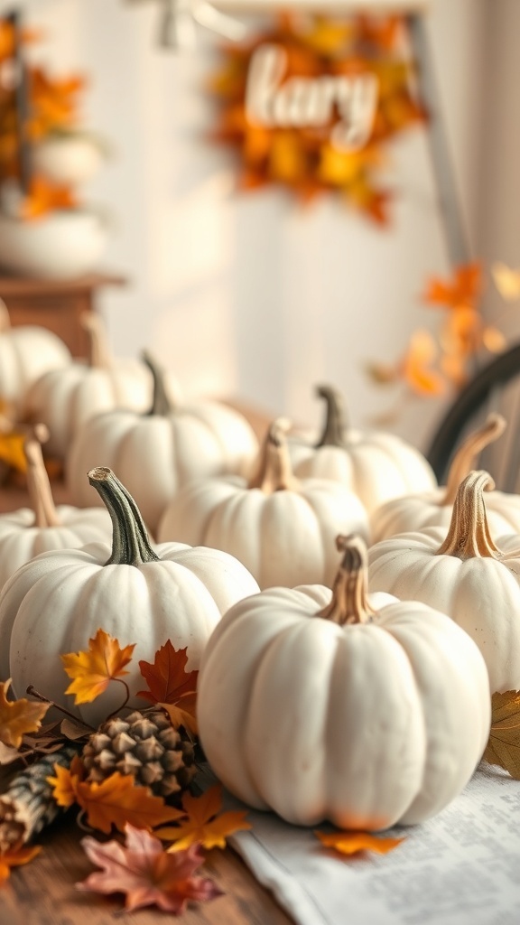 A collection of white pumpkins surrounded by autumn leaves and pinecones on a table.