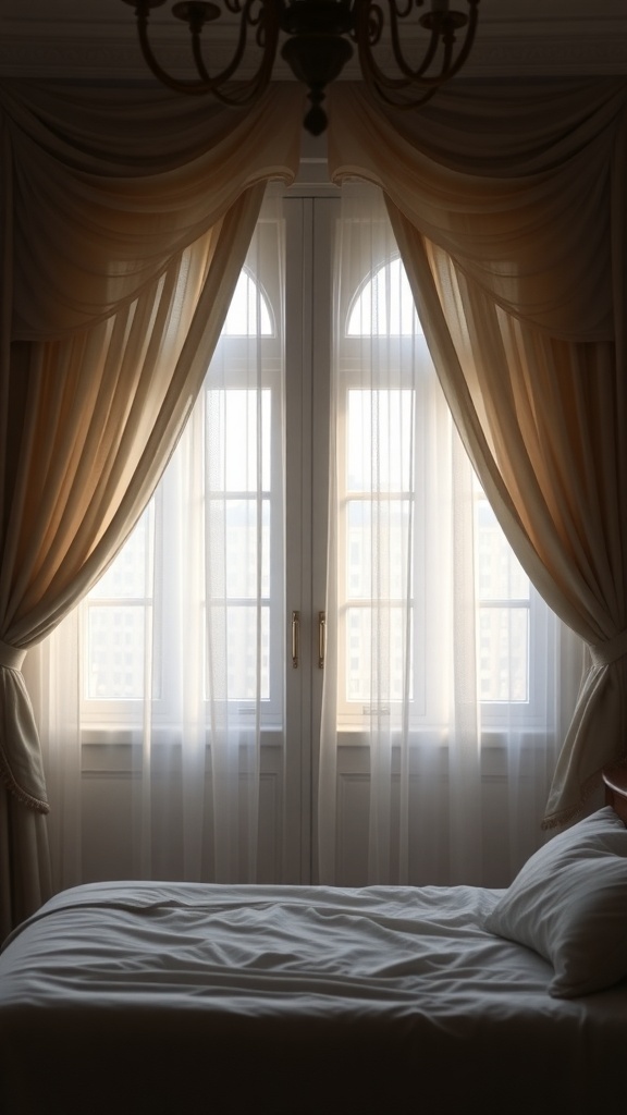 A romantic bedroom with elegant window treatments, featuring layered curtains that softly filter light.