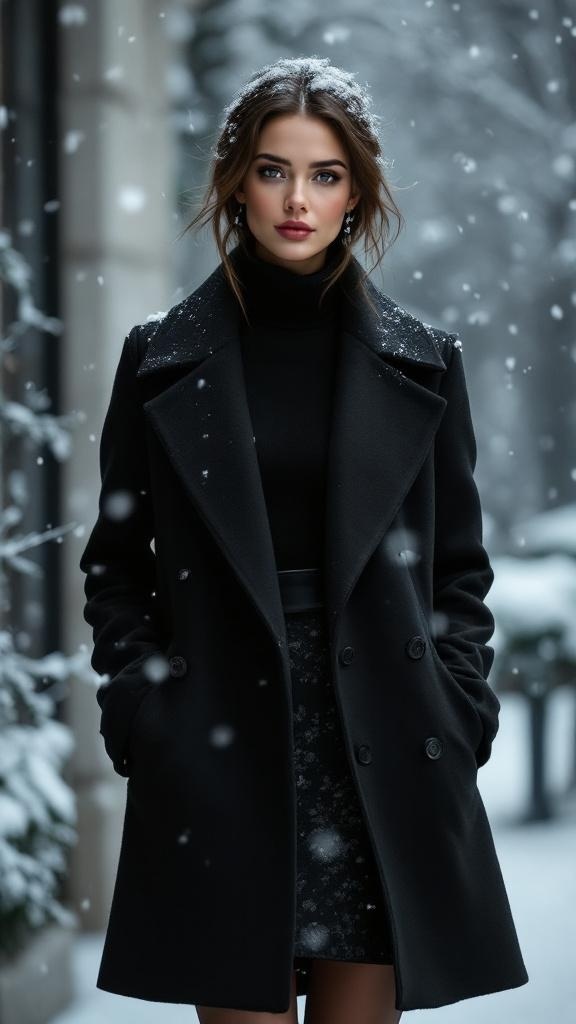 A woman in a black winter coat standing in the snow, showcasing a formal winter outfit.