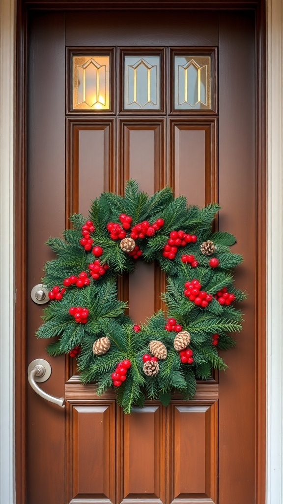 A festive wreath with red berries and pinecones on a wooden front door.