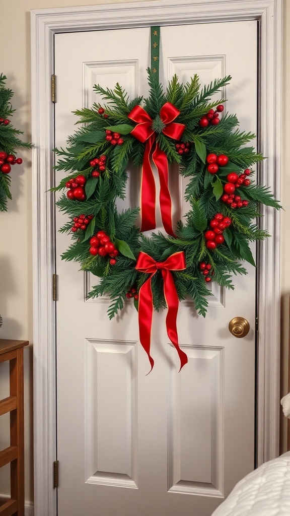 A decorative Christmas wreath with red ribbons and berries on a white door.