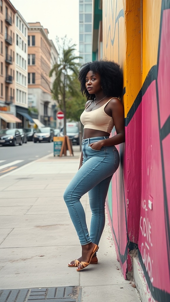 A black woman in high-waisted denim jeans and a crop top, standing against a colorful wall.