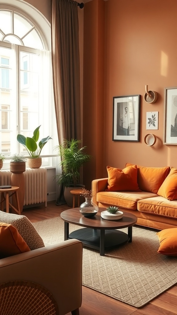 A warm-tone living room featuring terracotta walls, orange cushions, and natural decor.