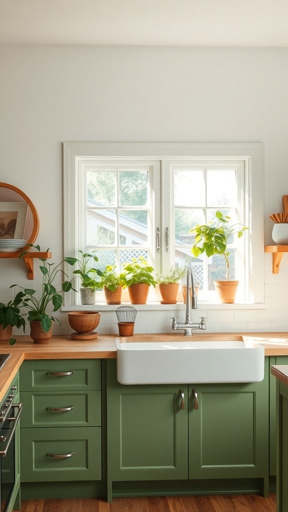 A green farmhouse kitchen featuring green cabinets, wooden countertops, and potted plants by the window.