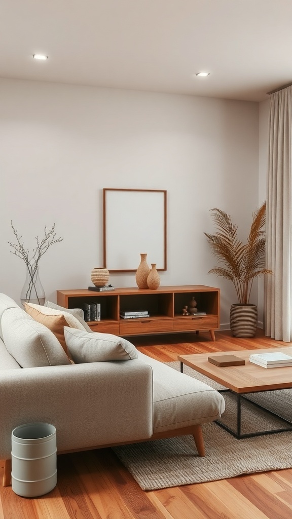 A soft neutral living space featuring earthy tones with a comfortable sofa, wooden furniture, and decorative plants.
