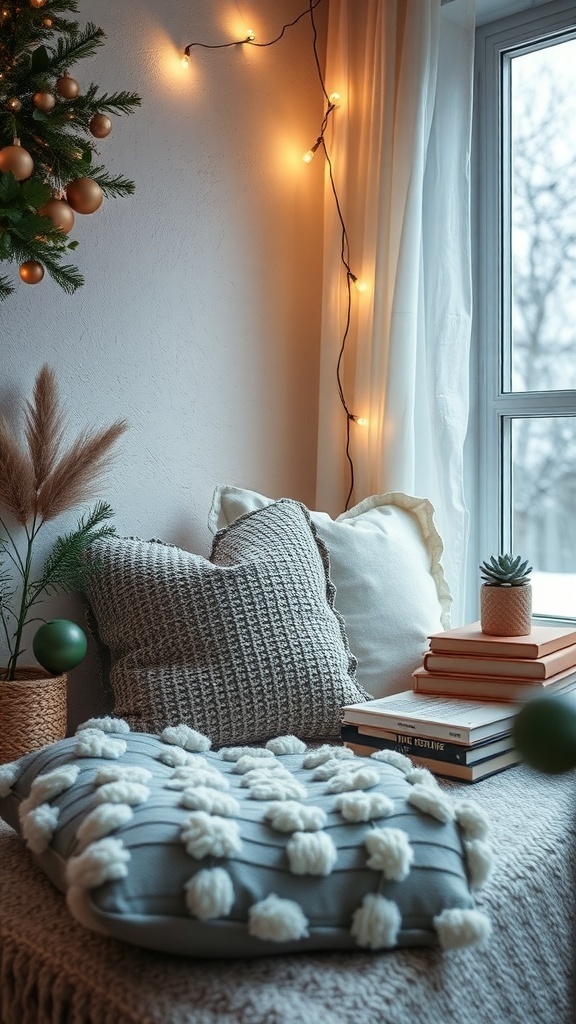 Cozy winter nook with pillows, books, and warm lighting.