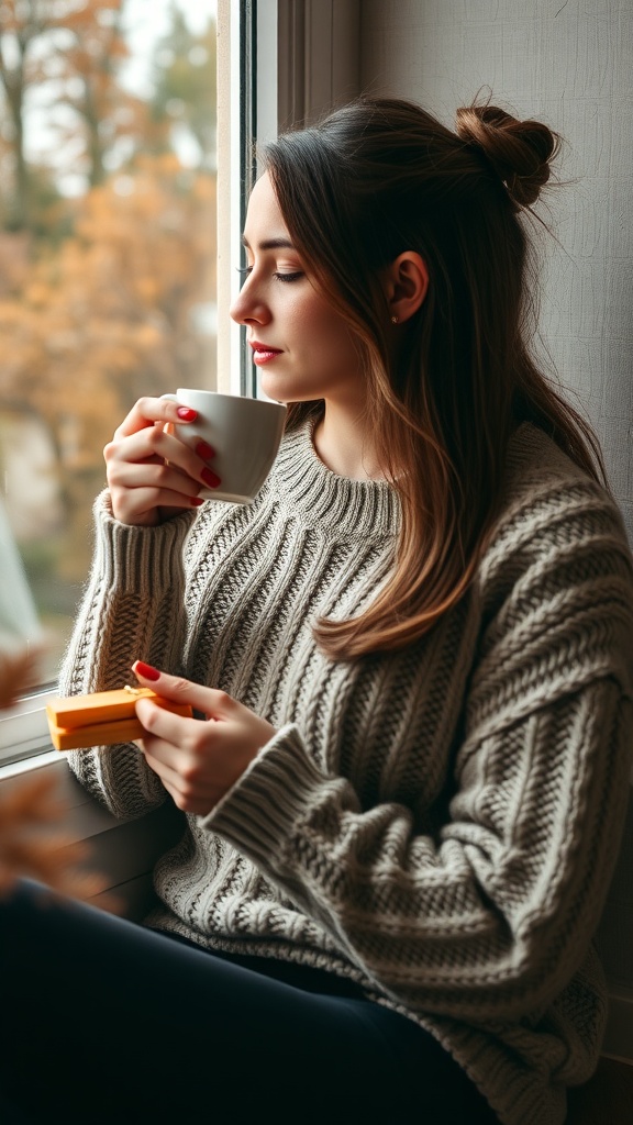 A woman in a chunky knit sweater holding a cup by the window, showcasing a cozy fall vibe.