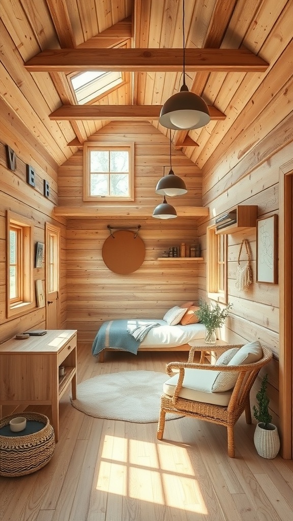 Interior of a rustic tiny house with wooden walls, a bed, and a cozy chair.