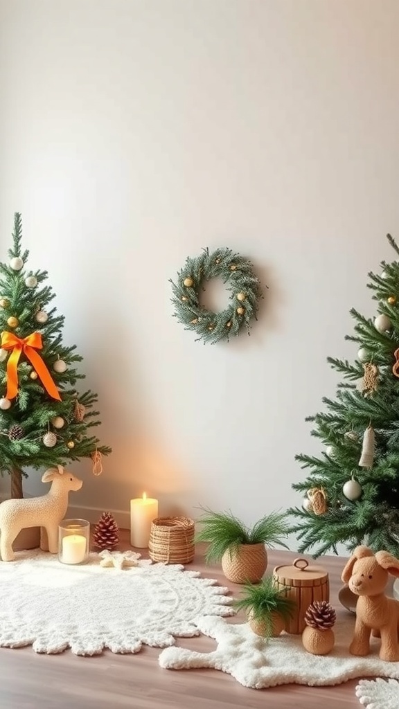 A cozy boho Christmas decor setup featuring two small trees, candles, and natural elements.